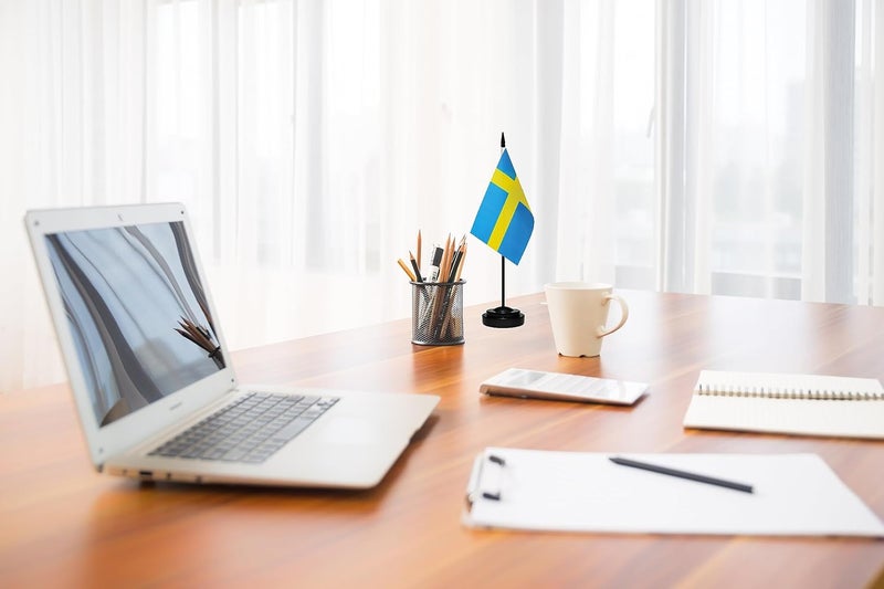 tibijoy Sweden Flags Swedish Small Mini Desk Flags Set Small Mini Sweden Flags Table Flag with 13" Black Pole, Black Base and Spear Top, Miniature Swedish Deluxe Desktop Flag, Home Decoration, Office - Image 4